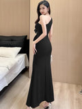 Nukty Women Sexy Backless Slim Split Long Dress Summer Fashion Elegant Sleeveless Off Shoulder Elegant Club Party Mesh Dresses