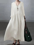 Nukty Autumn Long Sleeve V-Neck Mid-Calf Length Sundress Women Solid Color Baggy Dress Pure Cotton Holiday Loose Dresses