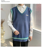 Nukty Autumn Knitted Sweater Vest Men Teens Lazy Striped Harajuku V-neck Preppy Style All-match Streetwear Couples Knitwear Fashion