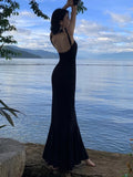 Nukty Sexy Black Backless Mermaid Dresses for Women Elegant Slash Neck Sleeveless Bodycon Evening Party Dress Summer Slim Vestidos New
