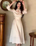 Nukty Elegant French Satin Vintage Midi Dress Spring New Office Lady Lace-up Long Sleeves Slim Wasit Korean Chic Vestidos Basics