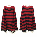 Nukty New Punk Gothic Long Unisex Sweater Summer Women Striped Cool Hollow Out Hole Broken Jumper Loose Rock Thin Dark Streetwear Top
