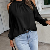 Nukty Autumn and Winter New Women's Clean Color Lotus Leaf Round Neck Long Sleeve Pleated Off Shoulder Fashion Women's Top