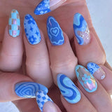 Nukty 24Pcs Blue Flower False Nails Almond Cute Heart with French Design Detachable Fake Nails Artificial Press on Nails Tips Art