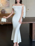Nukty Summer Solid Mermaid Long Dresses for Women French Fashion Diagonal Collar Bodycon Party Dress Slim Vestidos Female Clothing New
