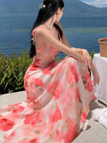 Nukty Women Sweet Pink Floral Elegant Sleeveless Ruffled Edges Slip Dresses Summer Romantic Bohemian Sexy Birthday Evening Party Dress