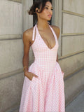 Nukty Women Sweet Pink Plaid Print Pleated A-line Dress Sexy Backless V-neck Lace-up Halter Dresses New Evening Party Club Robes