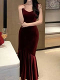 Nukty Vintage Elegant Wine Red Long Mermaid Dresses Fashion Women's V-Neck Solid Slim Wasit Evening Party Sling Robe New Summer