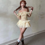 Nukty Off Shoulder Sexy Floral Print Mesh Bow Fashion A-line Bodycon Pleated Mini Dress Summer New Sweet Cute Party Vestidos