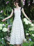 Nukty Summer Dot Spaghetti Strap Womens Dresses French Style Sleeveless Ruffles Strap Birthday Party Dress A-line Vestidos New Outfits