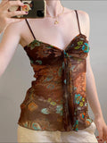 Nukty Retro Mesh Floral Print Camis Sexy See Through Sleeveless Crop Top y2k Vintage Ruffles Tee Summer Holiday Transparent Top