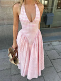 Nukty Women Sweet Pink Plaid Print Pleated A-line Dress Sexy Backless V-neck Lace-up Halter Dresses New Evening Party Club Robes