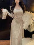 Nukty French Flare Sleeve Velvet Evening Dresses for Women Elegant Slim Waist Party Prom A-Line Vestidos Fashion Female Long Robe New