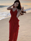 Nukty Women French Style Elegant Vintage Red Ruffles Party Dresses Slim A-Line V-Neck Wedding Evening Dress Spring Summer New