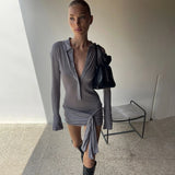 Nukty Sexy Turn-down Collar Long Sleeve Solid Mini Dress Y2K Chic Slim fit Women Vacation Dresses Summer New Party Vestidos