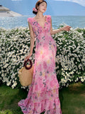 Nukty French Chic Ruffles Floral Print Dresses For Women Backless Beach Style Cake Dress Female Long Vestidos Summer Maxi Dress
