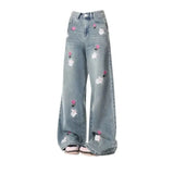 Nukty Women's Blue Jeans Baggy Harajuku Aesthetic Embroidery Denim Trousers Y2k Oversize Wide Jean Pants Vintage 2000s Trashy Clothes