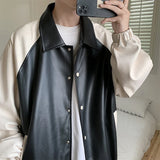 Nukty Clashing Color Splicing Leather Jacket  Autumn Trend American Mens Jacket Coat Loose Casual Lapel Tops Men Women Clothing