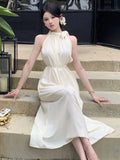 Nukty Summer Spring French Halter Womens Dresses Elegant Off Shoulder Birthday Party Midi Dress Female Holiday Loose Casual Vestidos