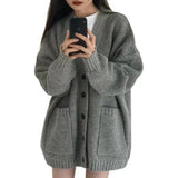 Nukty Women's Sweaters Button Up V-neck Front Pocket Soft Wool Knitted Cardigan Chic Korean Fashion  Outfit Autumn Winter
