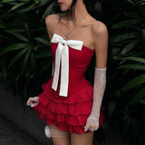 Nukty Bow Off Shoulder Ruffle Bandage Backless Mini Dress for ladies Y2K Slash Neck Sexy Fashion Fall Partywear Two-piece Set