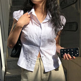 Nukty Top Women White Shirt Ruffle Lace Top See Through Blouses Turn Down Collar Shirts Short Sleeve Tees Street Women Clothing
