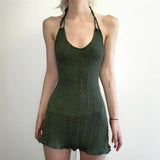 Nukty Elegant Y2K Sleeveless Mini Dress Sexy Knit Backless Halter Dresses Autumn Fashion Drawstring Streetwear Slip Dress