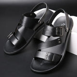 Nukty Comfortable Men's Sandals Solid Color Open Toe Mens Leather Sandals New Slippers Beach for Male Leather Footwear