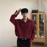 Nukty Double Collar Long Sleeve Shirt Men White Shirt Vintage Wine Red Shirts Men Korean Comfortable Blouse Casual Loose Lapel Shirt