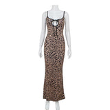 Nukty Women's Summer Top Fashion Classic Leopard Print Straightening Skirt with Hollow Lace Dress