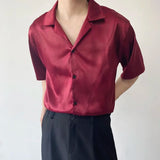 Nukty Summer Men's Stylish Shirt Cuban collar Satin Silk Wine Red Dress Shirts Short Sleeve Tops Wedding Prom Party Holiday Blouse Man