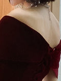 Nukty Spring Long Luxury Elegant Wine Red Soft Velvet Evening Party Wedding Dresses for Women Off Shoulder Maxi Dress
