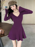 Nukty Autumn Solid Knitted Dresses for Women Elegant Fashion V-Neck Slim Evening Party Mini Dress Female A-Line Casual Vestidos Mujer