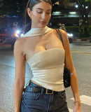 Elegant Women's Autumn Halter Hollow Out Satin Backless Cropped Tops Strapless Skinny Vest Party Clubwear Clothing