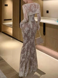 Nukty Elegant Bodycon Slim Lace Dress Women Sexy Vintage Casual Backless Bandage Party Dresses Female Fashion Long Robe Clothes Autumn