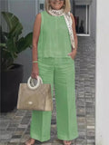 Nukty Simple Cotton Linen Women's Suits Summer Fashion Sleeveless Loose Blouse Wide Leg Pants Two Piece Set For Women Casual Outfits