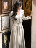 Nukty Vintage Women Solid Dress Suits Long Sleeve Blazer Short Coat Fashion New Stain Elegant Lady A-line Skirts Korean Female Clothes