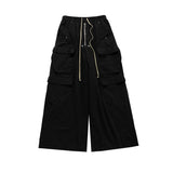 Nukty Ro Style Wide Leg Drawstring Black Cargo Pants Unisex Straight Baggy Casual Overalls Men's Streetwear Loose Oversized Trousers