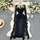Nukty Double Layer Mesh Dress Spaghetti Strap Slim Bandage Sexy Bodyon Dress Backless Autumn Winter Dresses With Lining