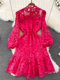 Nukty Vintage Hollow out Lace Floral Embroidery Dress For Women Spring Stand collar Puff Sleeve High Waist Mermaid Short Lace Dress