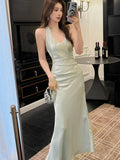 Nukty Elegant Satin Solid Women's Dresses Sexy Halter V-neck  Female Clothing Formal Occasion New Sleeveless Evening Party Long Dress