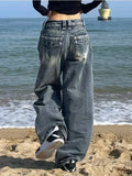 Nukty  Y2K Vintage Baggy Jeans Women Harajuku High Waist Streetwear Oversize Denim Pants Korean Gyaru Grunge Hip Hop Trousers New