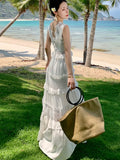 Nukty Elegant Hollow Out Womens Dresses French V-neck Sleeveless Party Long Dress Summer Spring Slim Waist A-line Beach Vestidos New