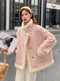 Nukty Pink Sherpa Cashmere Jacket Ladies Short Winter Fur Solid Color Loose Stitching Long Sleeve Small Korean Style Thickening New