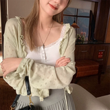 Nukty Korean Ruffles Knitted Cardigan Women Spring Summer Lace Up Cropped Cardigans Woman Korean Solid Color Sun-Protection Shirts