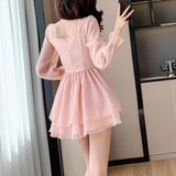 Nukty Pink Sweet Elegant Princess Dress Women Casual Korean Slim Long Sleeve Fairy Dress Female Backless Design Vintage Dress New