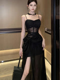Nukty French Sexy Black Split Sleeveless Dresses Summer New Fashion Spaghetti Strap Slim Female Evening Party Club Dress