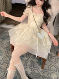 Nukty Kroean Y2K Yellow Preppy Style Cake Dress Puff Sleeves Mesh Ball Gown Ruffles Mini Woman Dresses Abend Kleider Spring Summer New