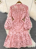 Nukty Vintage Hollow out Lace Floral Embroidery Dress For Women Spring Stand collar Puff Sleeve High Waist Mermaid Short Lace Dress