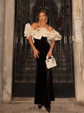 Nukty Elegant White Pleated Slash Neck Patchwork Long Dress Women Fashion Backless Sleeveless Slim Robe New Party Evening Dresses